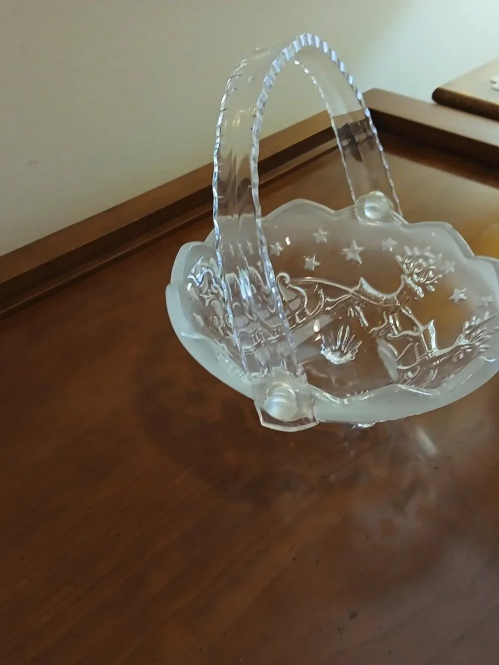 Vintage Christmas Santa & Reindeer Frosted Glass Basket w Lucite Plastic Handle